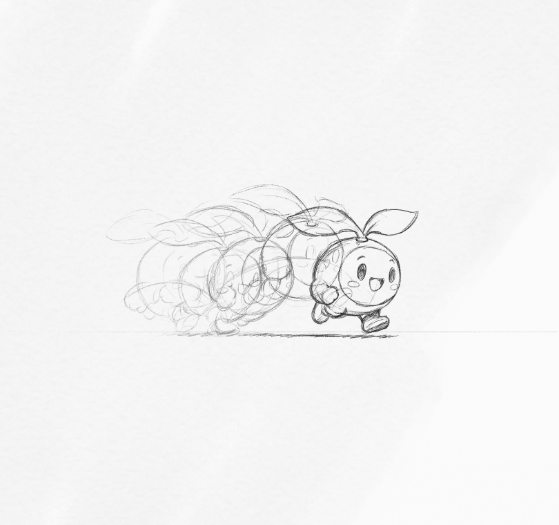 走るマスコットの動きを重ねて描いた鉛筆のオニオンスキンイラスト